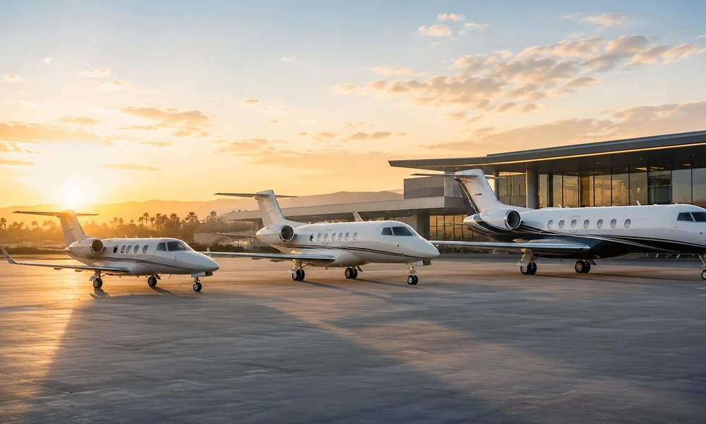 Lineup of light, midsize, and large aircraft parked outside a terminal, showing options for private jets in New York