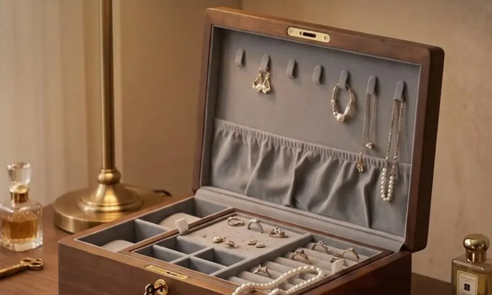 Luxury Jewelry Case featured in a photo of an open walnut wooden jewelry box with grey velvet lining and a tassel key, displayed on a vanity table beside a lit candle. 